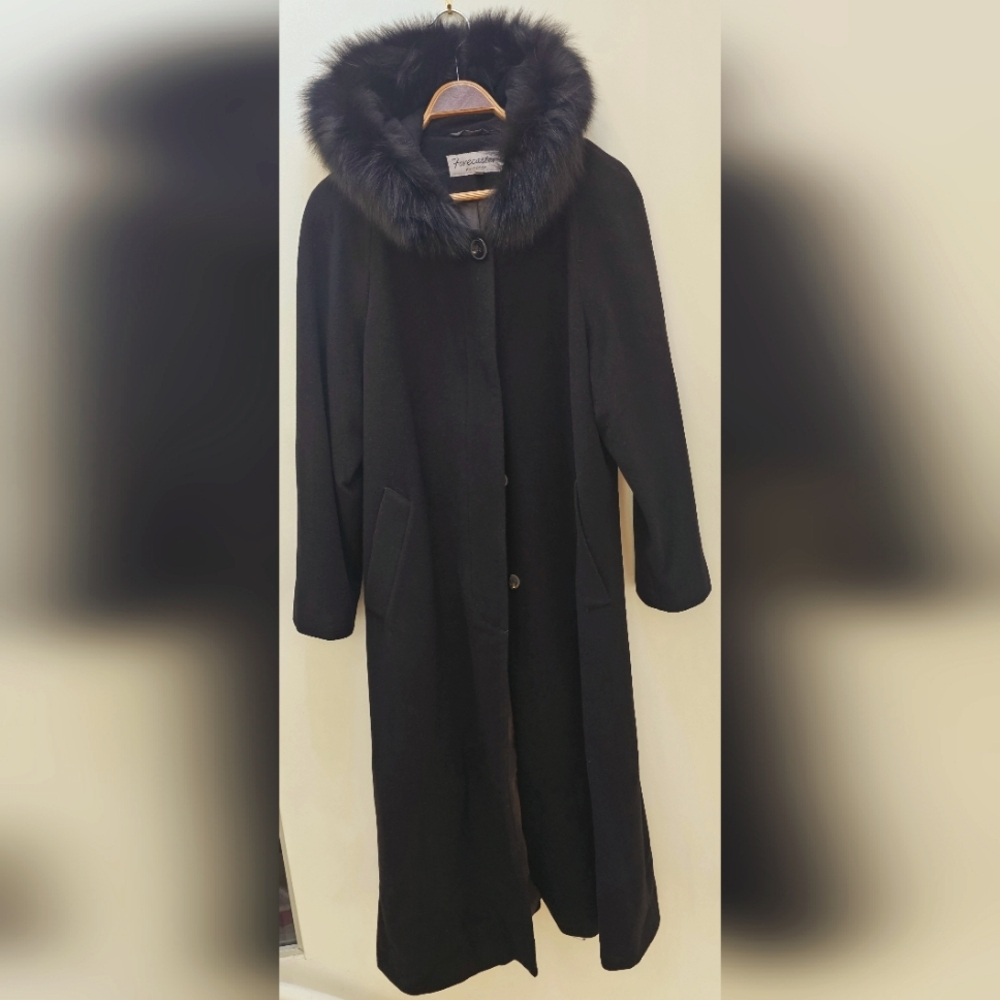 Forecaster Hooded Long Cashmere Lamb's Wool Coat, Genuine Fox Fur, Women's 14